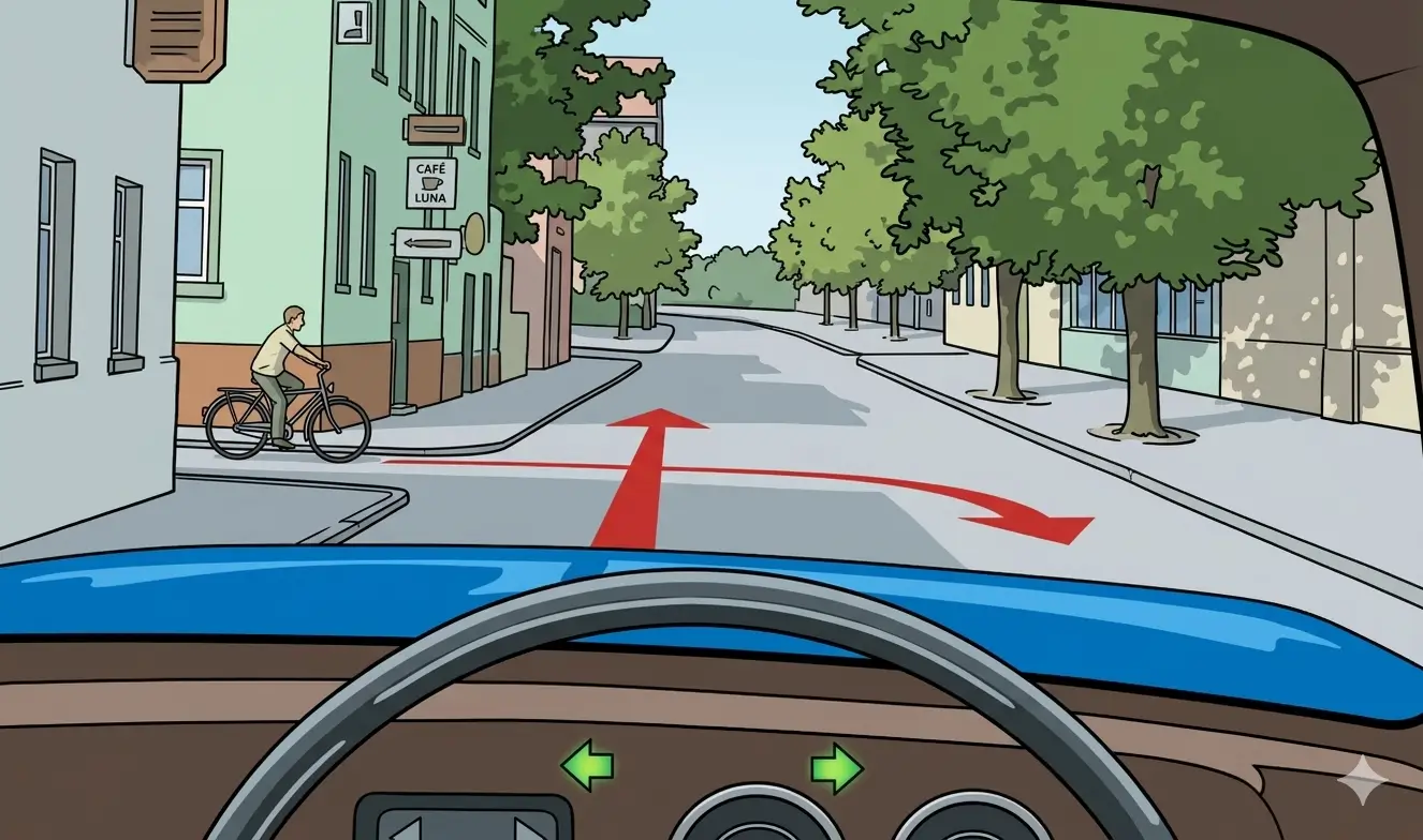 Driver's view approaching a t-junction with a cyclist on the left side of the junction
